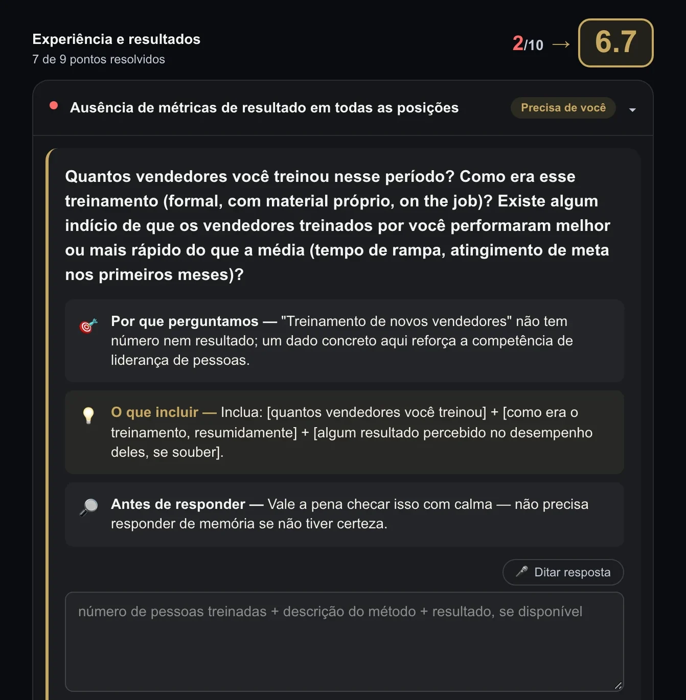 Tela do CV Hunter com a investigação em andamento: um achado do diagnóstico e a pergunta orientada, com o porquê e o que incluir