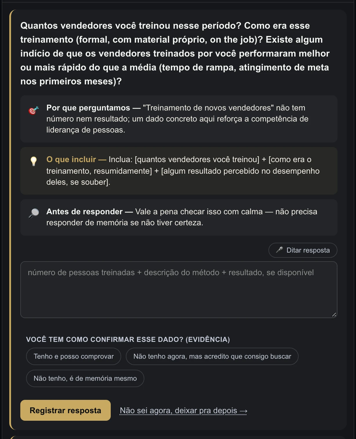 Tela do CV Hunter com uma pergunta orientada, explicando por que ela é feita e o que vale incluir na resposta