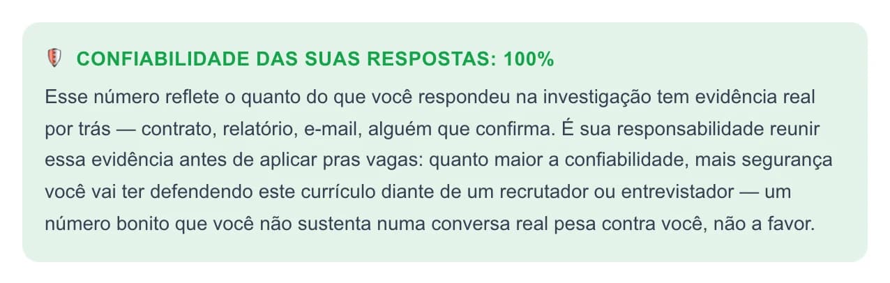Tela do CV Hunter com a leitura do grau de sustentação das respostas fornecidas