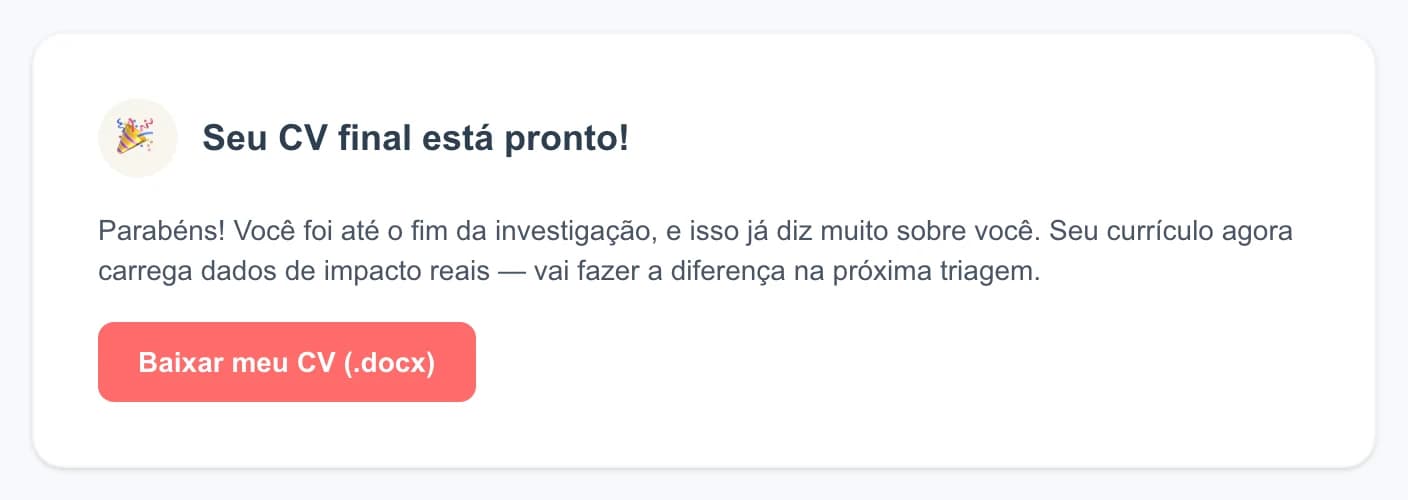 Tela do CV Hunter com o currículo final disponível para download em DOCX