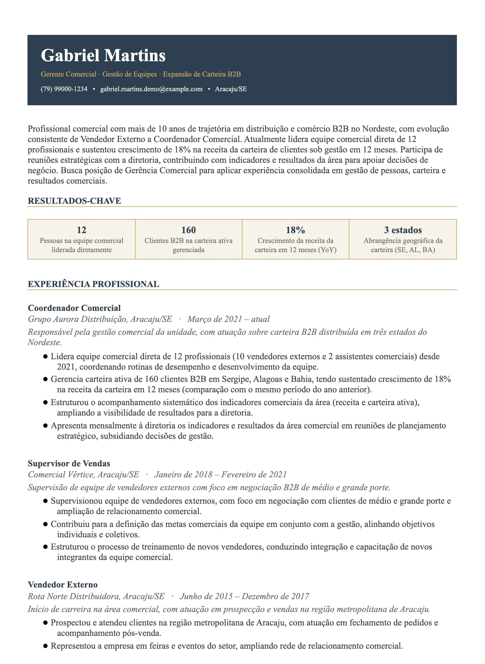 Currículo reconstruído da persona de demonstração, depois da investigação