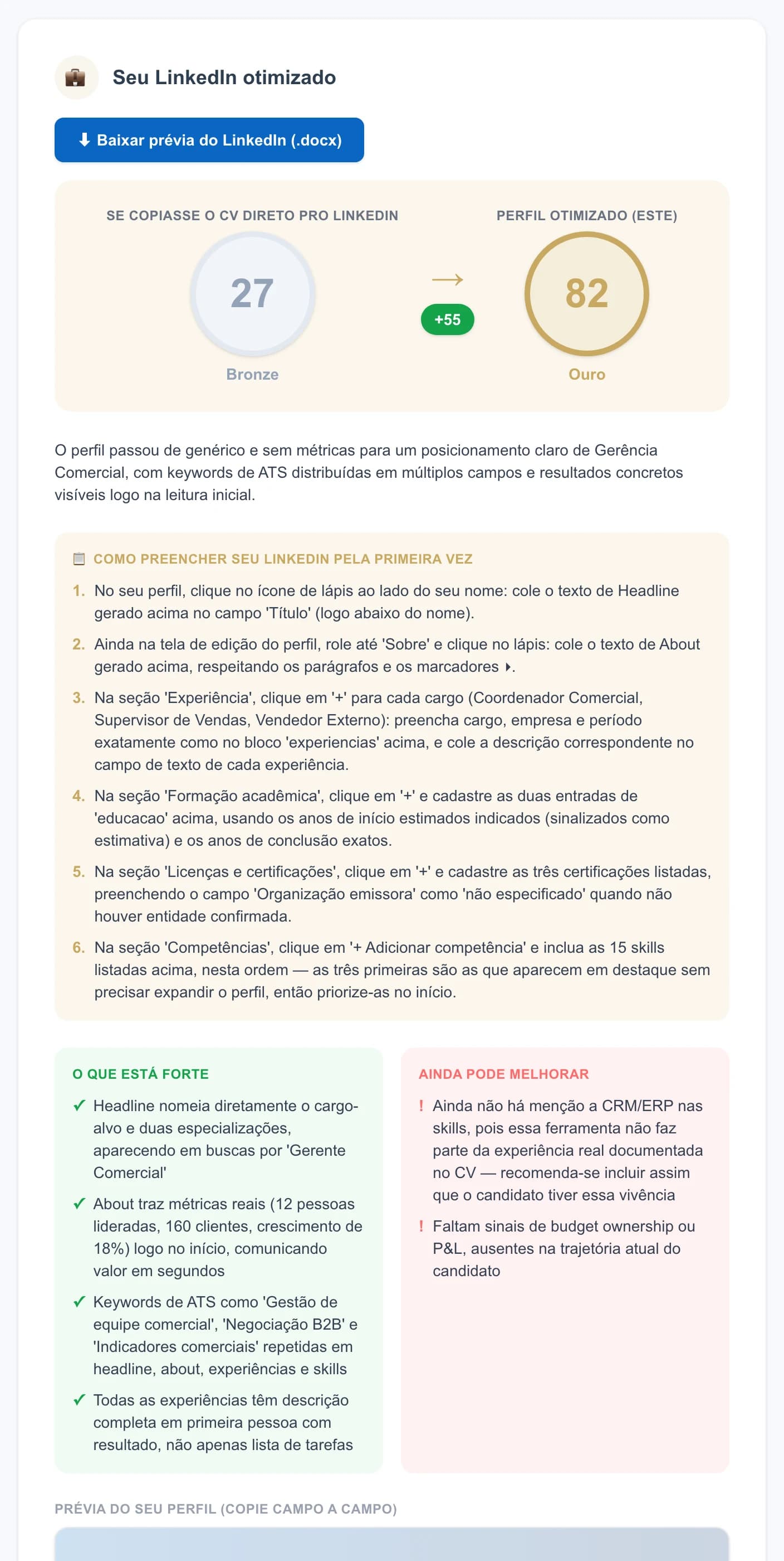 Tela do CV Hunter com a leitura do perfil de LinkedIn da persona de demonstração