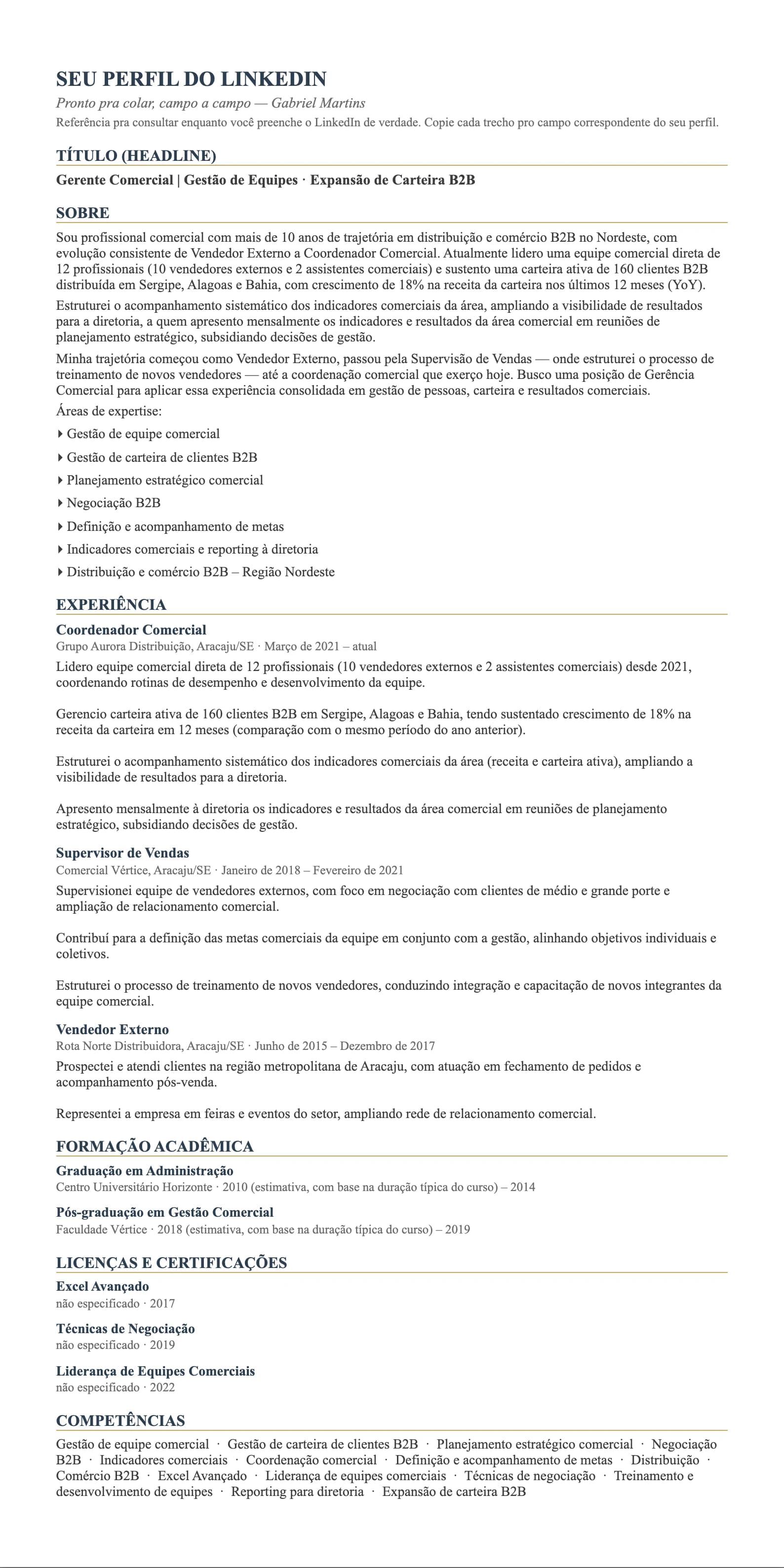 Documento do LinkedIn gerado pelo CV Hunter, campo a campo, pronto para colar