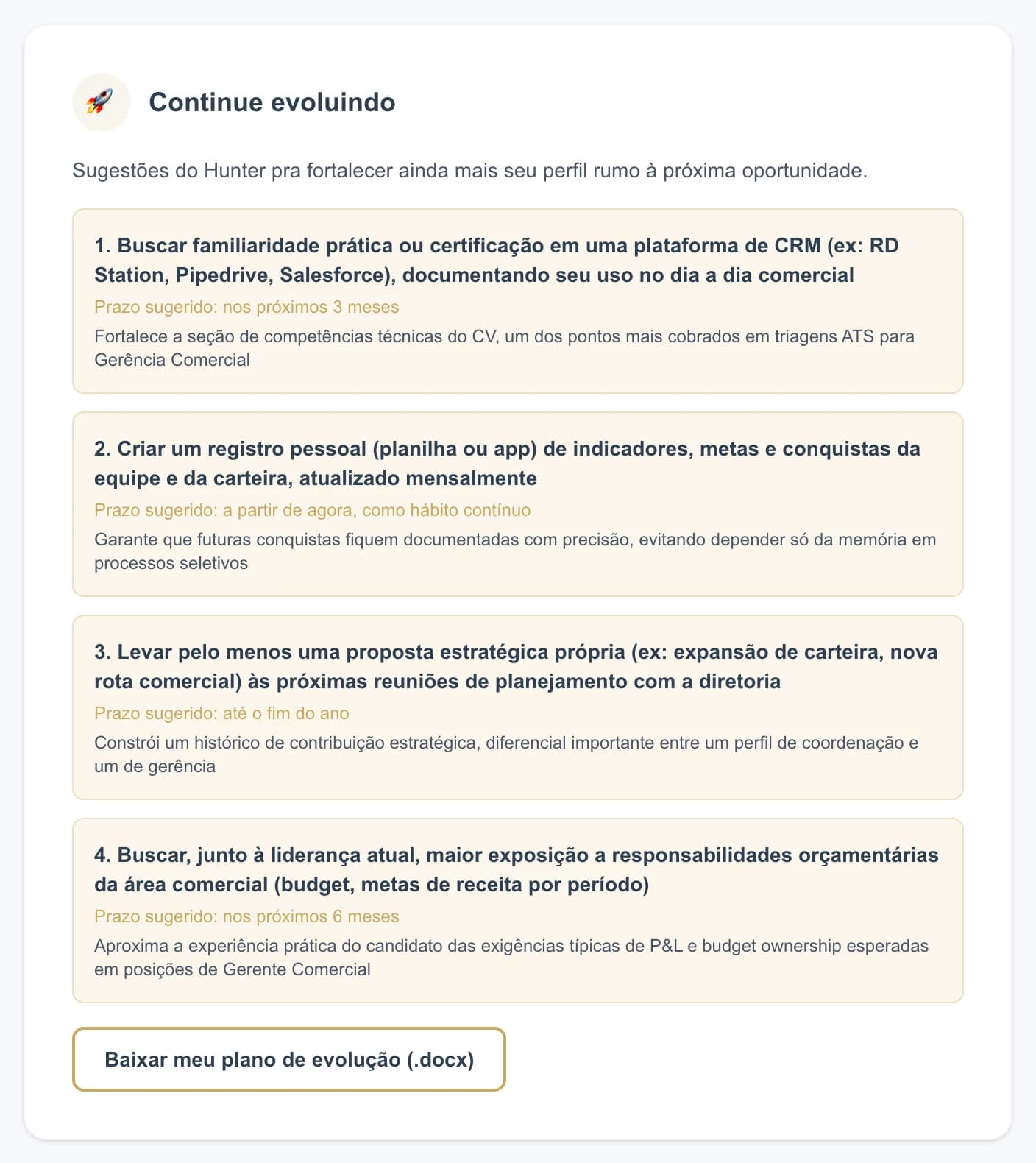 Tela do CV Hunter com o plano de evolução profissional sugerido