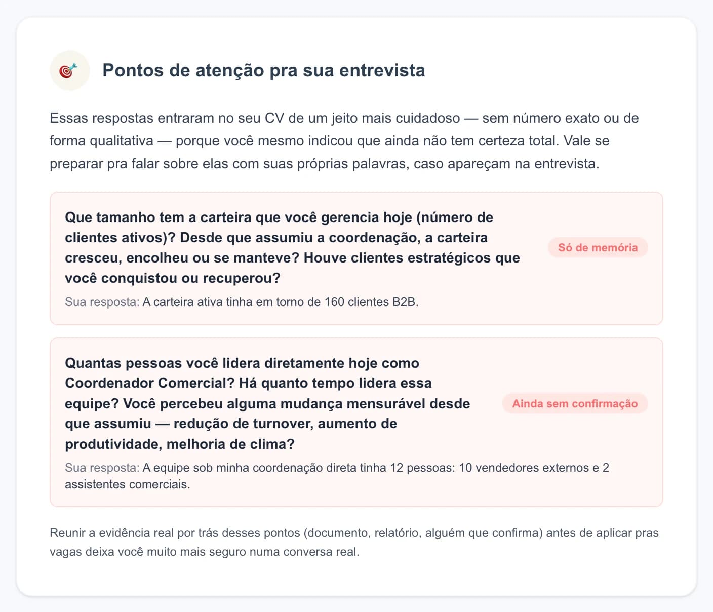 Tela do CV Hunter com os pontos de atenção para a entrevista